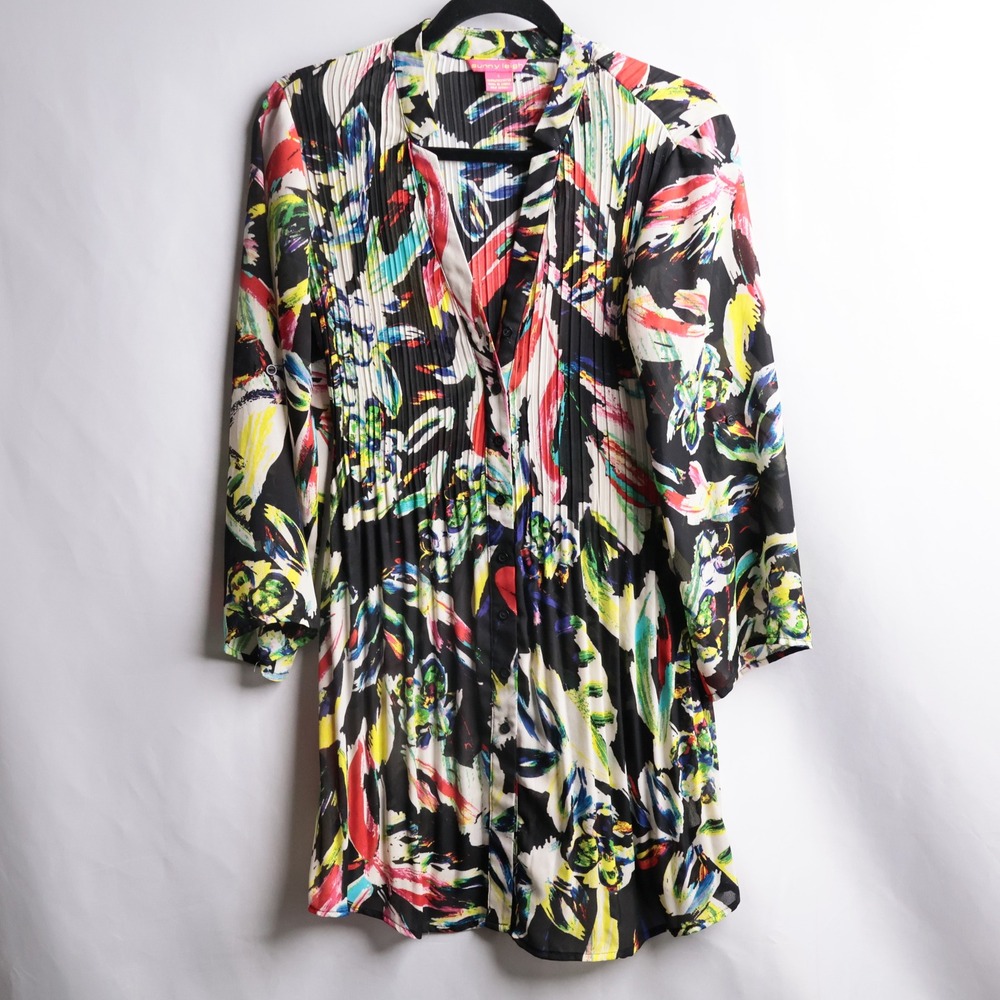 Sunny Leigh Abstract Pleated Button Front Tunic Shirt Black S Colorful Office